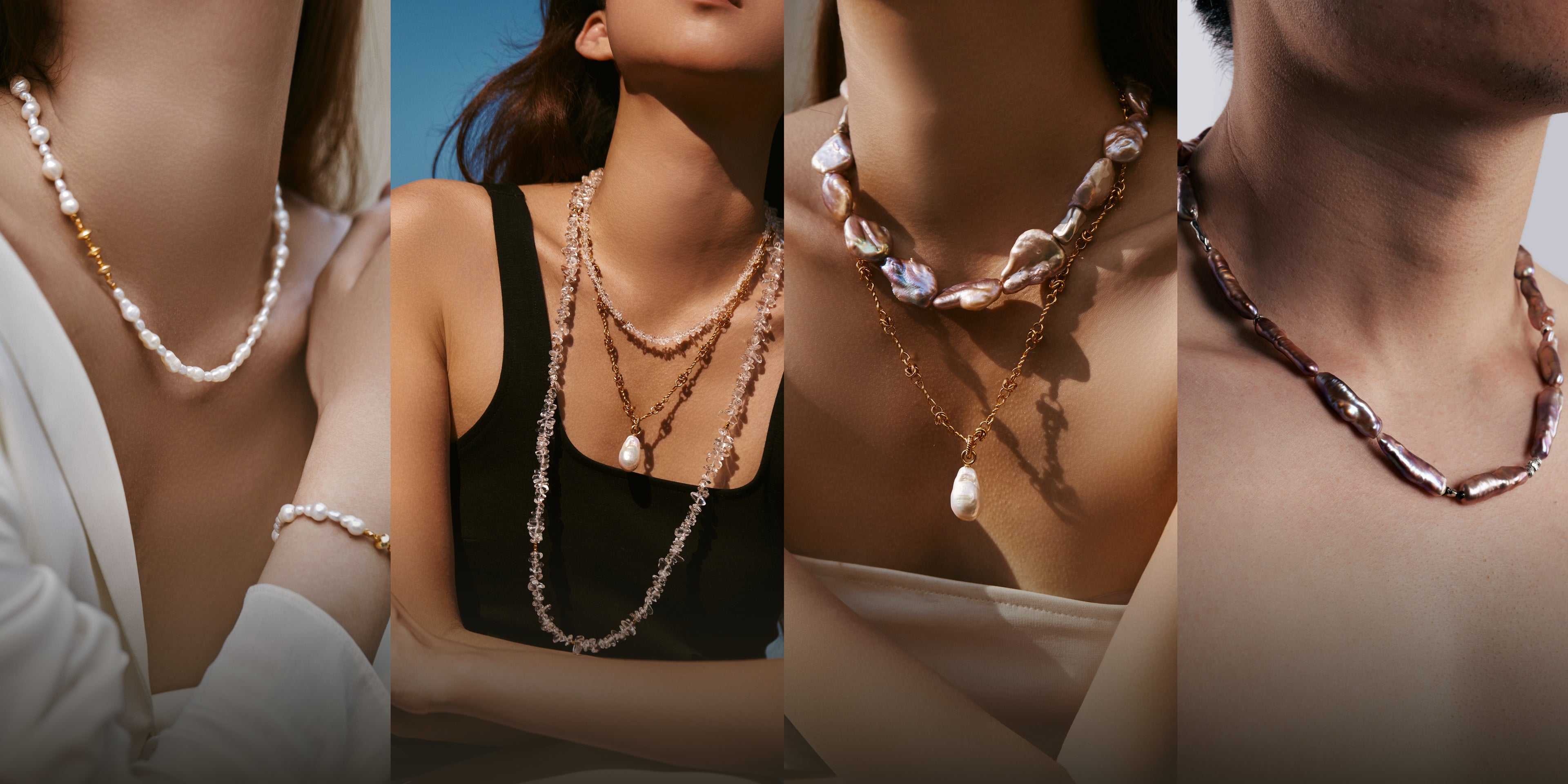 Showing four different models wearing Haha Major's unique pearl jewelries
