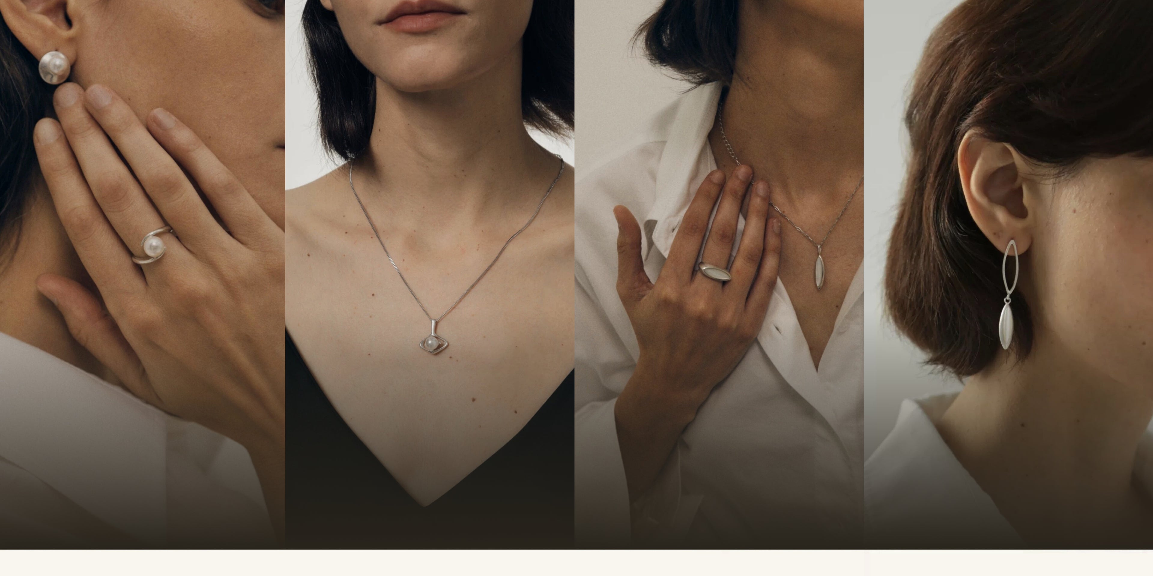 Collage of jewelry set including earrings, rings, and necklaces displayed on a person.