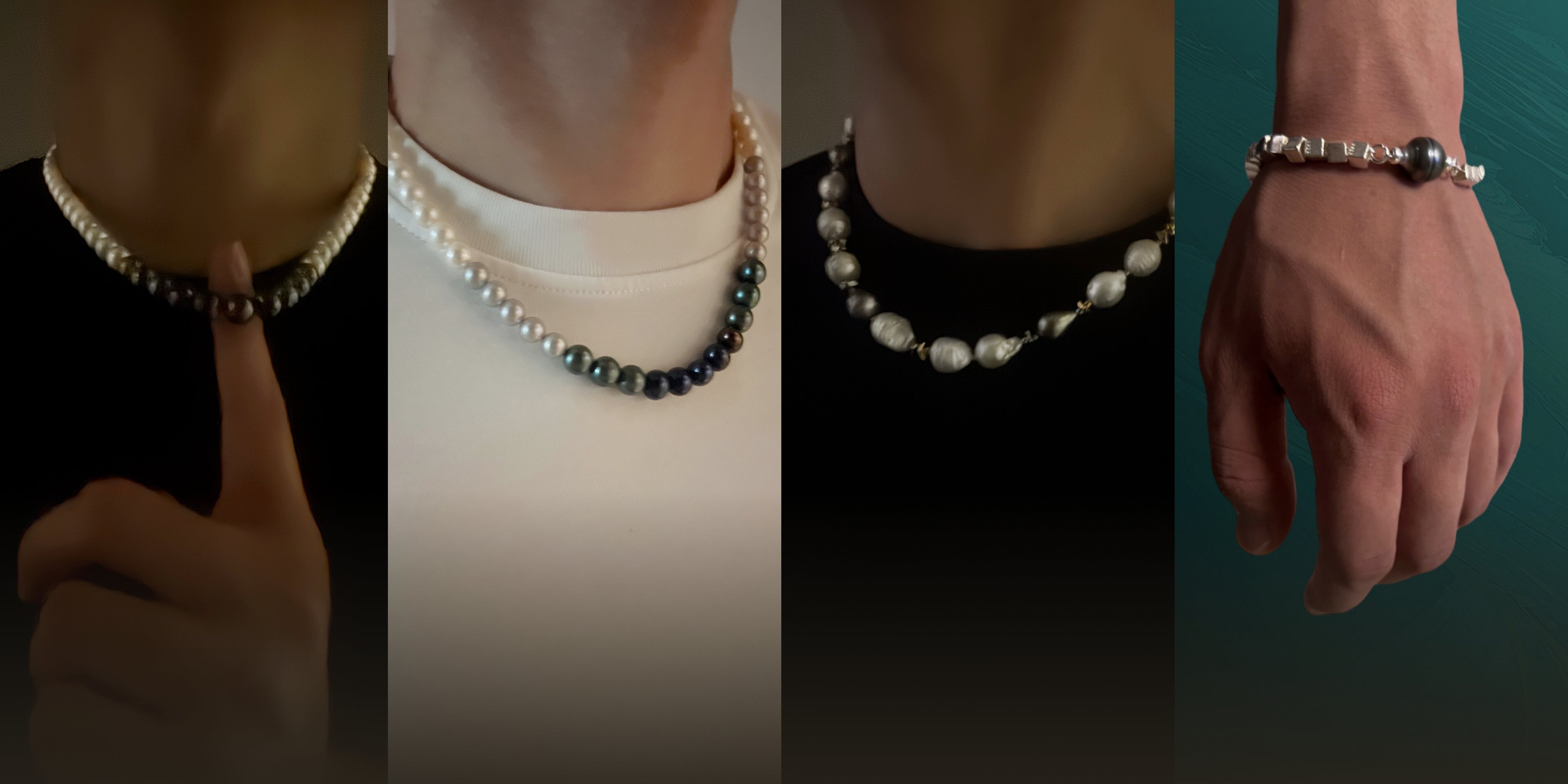 Collage of pearl necklaces and a bracelet on different backgrounds