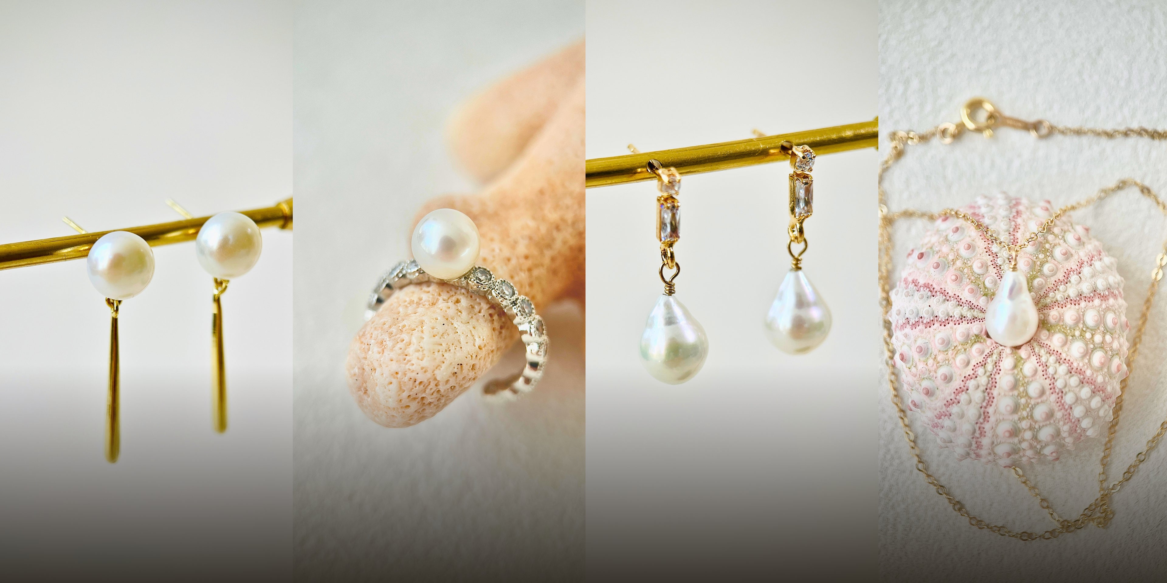 Collage of pearl earrings, rings and necklace displayed on a branch with a natural background