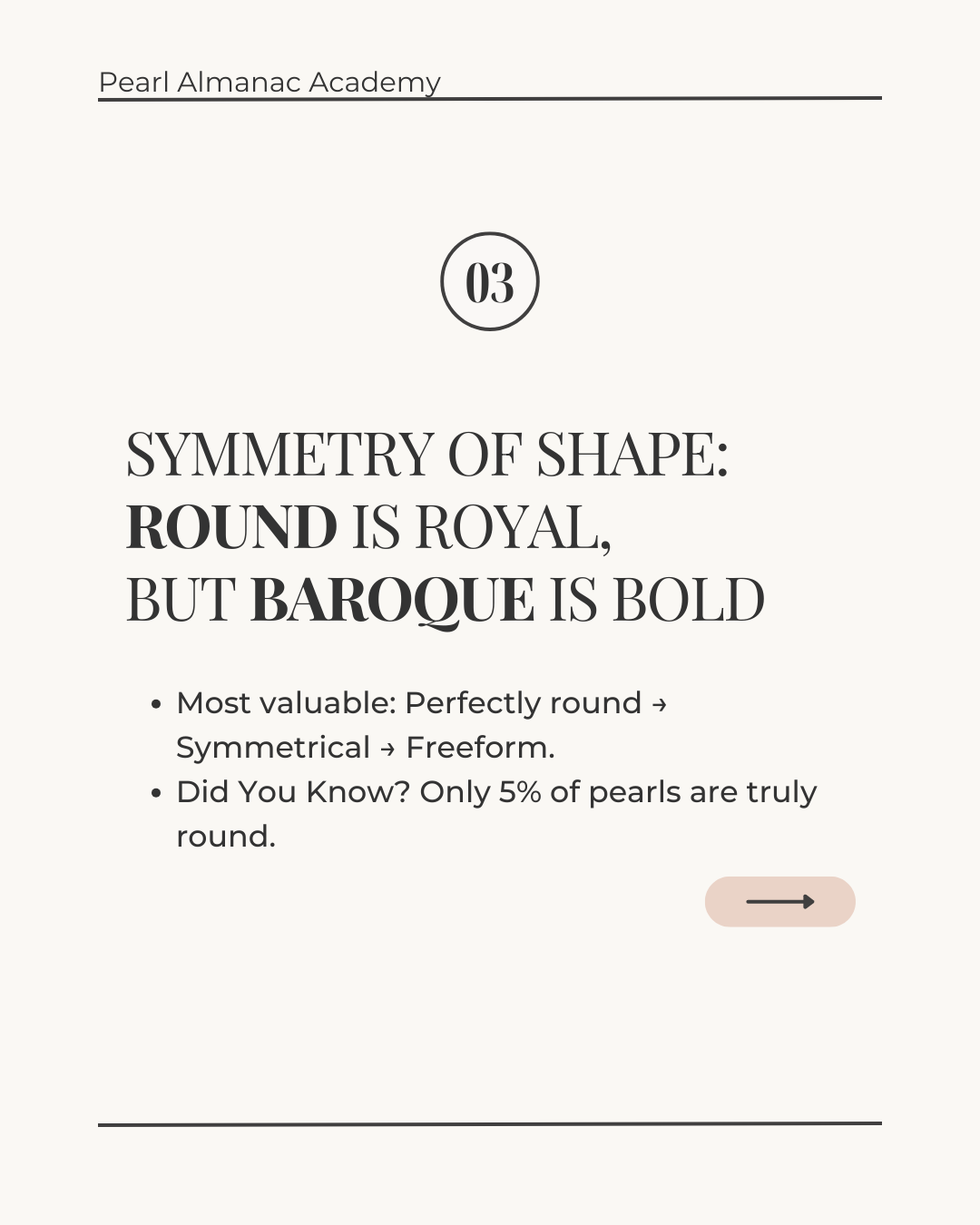 Text on a white background about pearl shapes with a focus on round and baroque pearls.