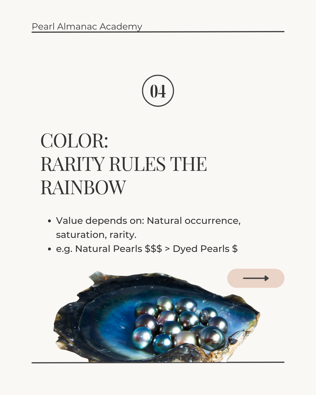 Pearl in an oyster with text about pearl value based on color, rarity, and natural occurrence.